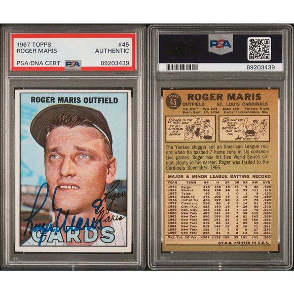 1967 Topps #45 Roger Maris Auto PSA/DNA Authentic St Louis Cardinals - Picture 3 of 3